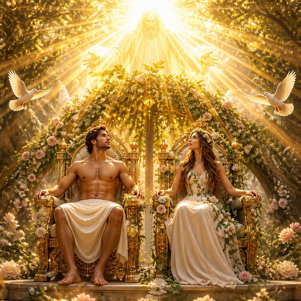 Adam and Eve upon their thrones, blessed by God