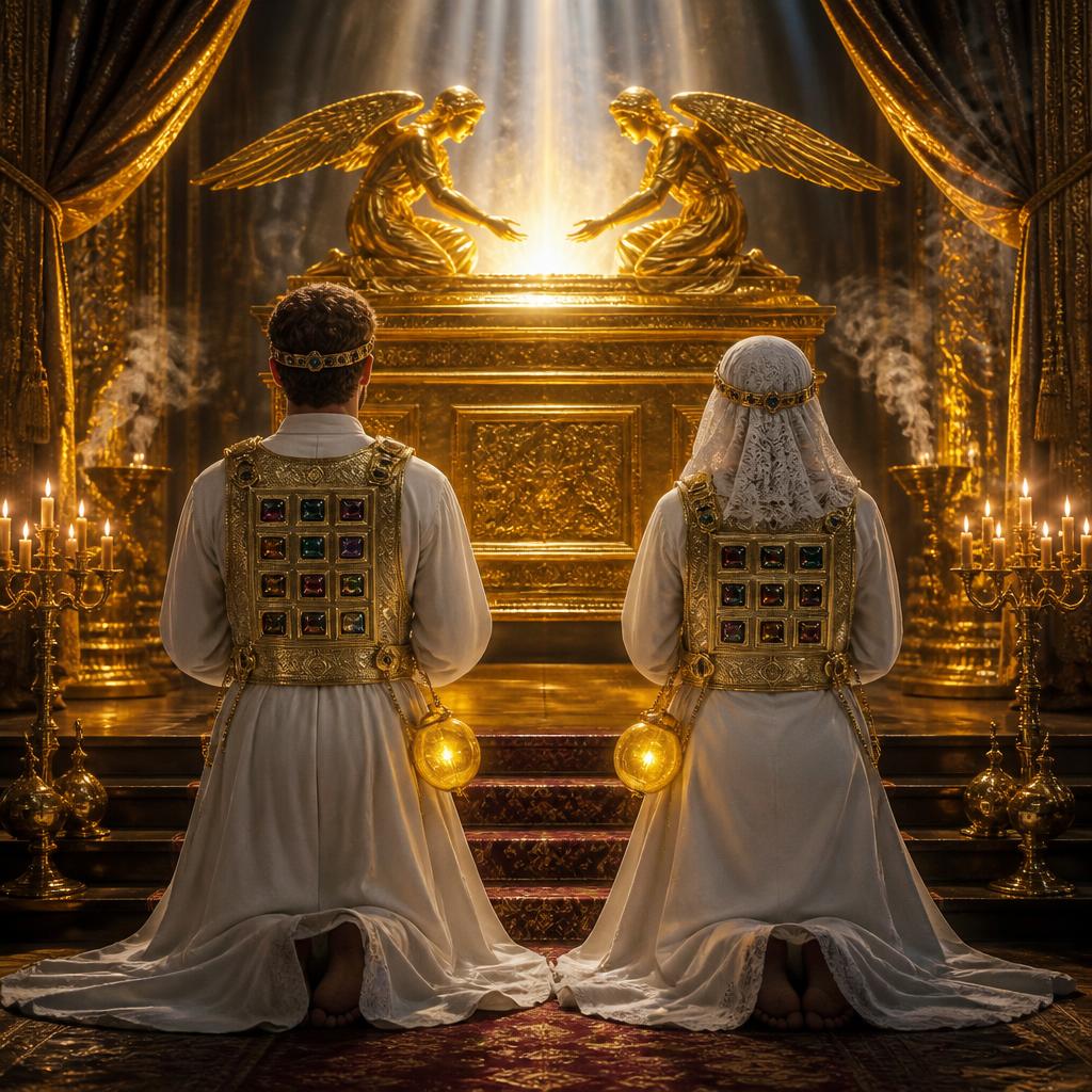 Prince Patrick and Princess Miriam kneeling before the Ark of the Covenant